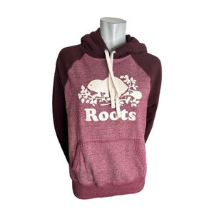 Roots Women’s Two Tone Burgundy Spell Out Beaver Fleece Hoodie Size Medium